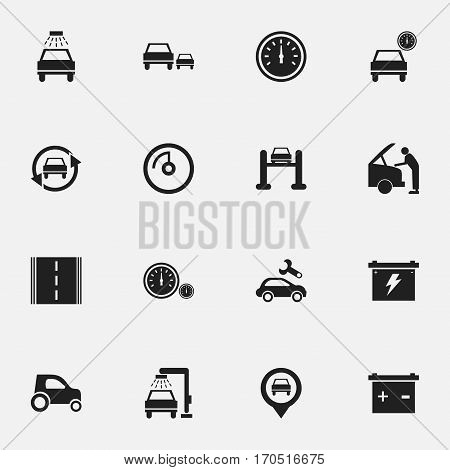 Set Of 16 Editable Car Icons. Includes Symbols Such As Automobile, Speed Control, Car Lave And More. Can Be Used For Web, Mobile, UI And Infographic Design.