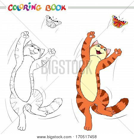 Coloring book or page. Red cat jumping over the butterflies on white background. Vector illustrstion.