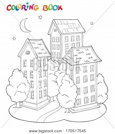 Coloring page book for kids - house with trees and moon. Vector illustrstion.