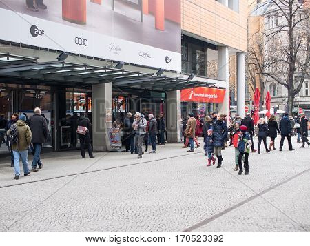 BERLIN GERMANY - FEBRUARY 11 2017: Cinemagoers In Front of The Berlin International Film Festival Berlinale Cinema At Potsdamer Platz Berlin