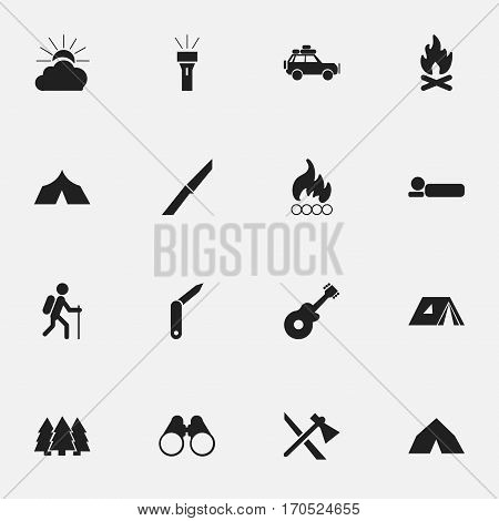 Set Of 16 Editable Travel Icons. Includes Symbols Such As Clasp-Knife, Voyage Car, Pine And More. Can Be Used For Web, Mobile, UI And Infographic Design.