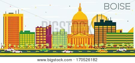 Boise Skyline with Color Buildings and Blue Sky. Business Travel and Tourism Concept. Image for Presentation Banner Placard and Web Site.