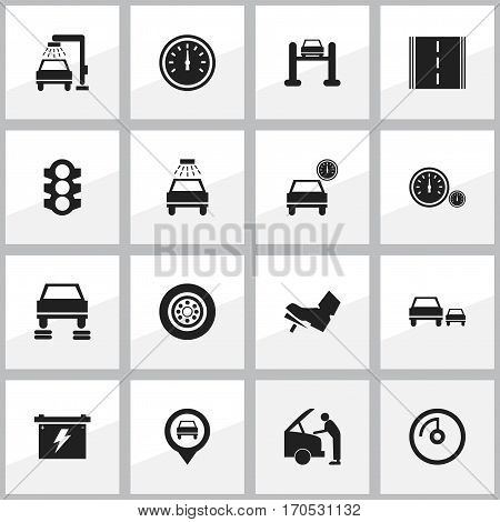 Set Of 16 Editable Transport Icons. Includes Symbols Such As Highway, Treadle, Speed Display And More. Can Be Used For Web, Mobile, UI And Infographic Design.