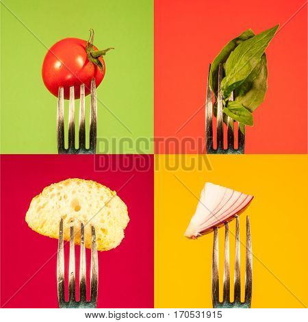 Tomato basil onion bread on fork arrange in a square
