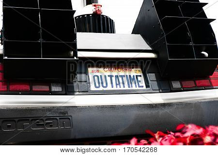 OSAKA, JAPAN - Apr 23, 2016 : Photo of A replicathe of the Back to the Future DeLorean,one of the most famous attraction at Universal Studios JAPAN, Osaka, Japan.