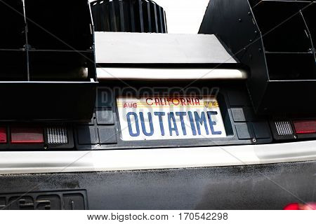 OSAKA, JAPAN - Apr 23, 2016 : Photo of A replicathe of the Back to the Future DeLorean,one of the most famous attraction at Universal Studios JAPAN, Osaka, Japan.