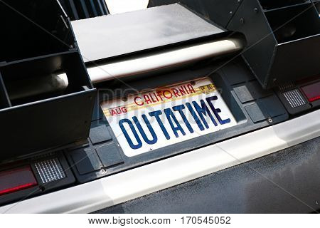 OSAKA, JAPAN - Apr 23, 2016 : Photo of A replicathe of the Back to the Future DeLorean,one of the most famous attraction at Universal Studios JAPAN, Osaka, Japan.