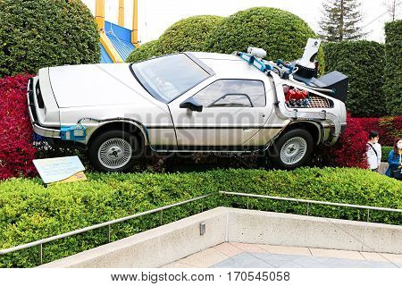 OSAKA, JAPAN - Apr 23, 2016 : Photo of A replicathe of the Back to the Future DeLorean,one of the most famous attraction at Universal Studios JAPAN, Osaka, Japan.