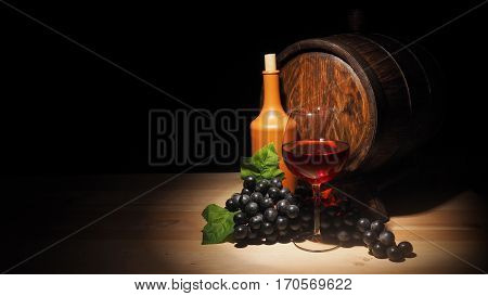 Glass Of Red Wine And Barrel On Wooden Table