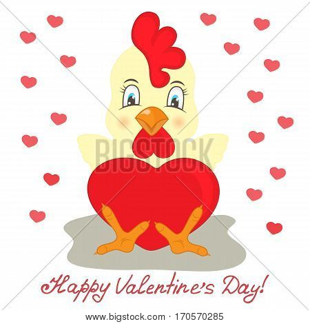 Yellow rooster with red heart. Congratulations to the St. Valentine's Day.
