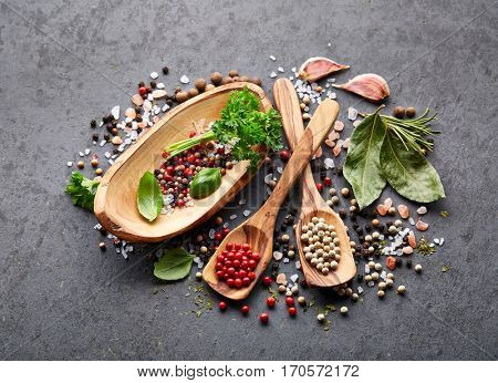 Herbs and spices  on a graphite board