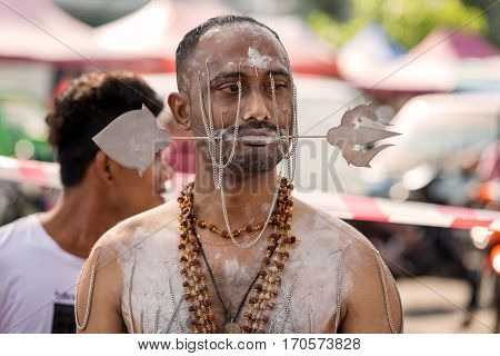 Georgetown Penang Malaysia - February 9 2017 : Hindu devotee taking part in the Thaipusam festival on February 9 2017 in Malaysia. Hindu festival to worship God Muruga.