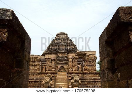 Steps and carved pedestal leading to Sun Temple at Konark Orissa India Asia
