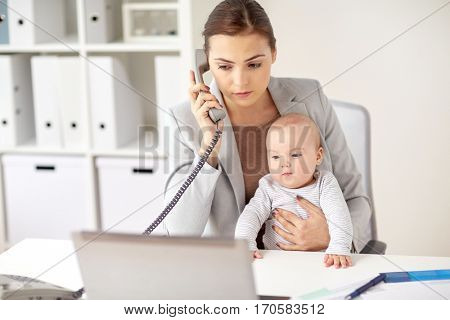business, motherhood, multi-tasking, family and people concept - businesswoman with baby calling on phone at office