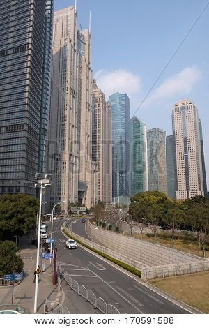 SHANGHAI - FEBRUARY 29: Lujiazui financial district skyscrapers buildings landscape in Shanghai,Shanghai Lujiazui is one of the most influential financial center of China, February 29, 2016.