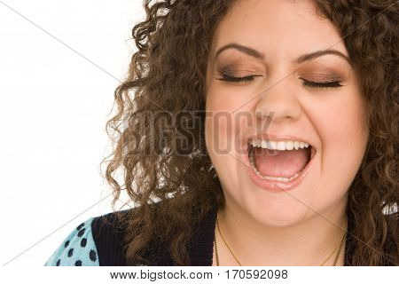Beautiful hispanic woman making hand jesture and isolated on white.
