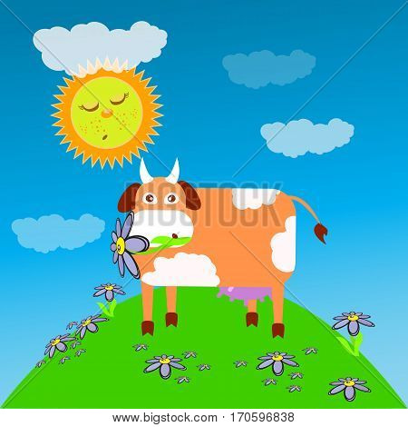 Cow Eating Grass Meadow Children S Illustration