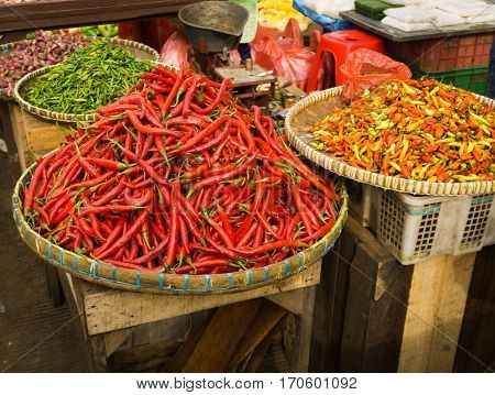Various kind of chillies sold in Bogor traditional market photo taken in Indonesia java
