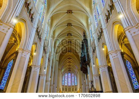 CHARTRES, FRANCE - CIRCA DECEMBER 2016: Interior view of Chartres Cathedral also known as the Cathedral of Our Lady of Chartres.