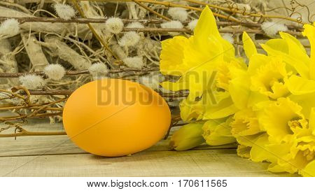 easter painted eggs with catkins willows and Daffodils