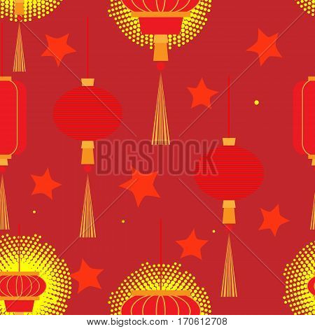 Chinese New Year lanterns pale in color and contour. Vector seamless pattern.
