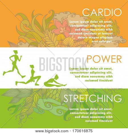 Set of horizontal color banners about different physical activity and flowers on background cartoon stock vector illustration