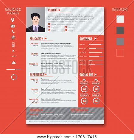 Vector creative minimalist cv resume template with photo frame and infographic charts. Casual, solid and clean template .