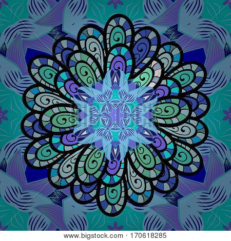 Abstract Seamless Floral Ornament With Hand-drawn Flowers With Blue Petals On A Doodles Background. 