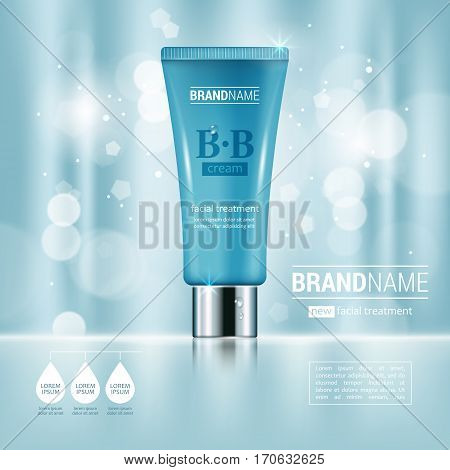 Facial Cream Tube Container Realistic Vector Illustration Isolated On Blue Bokeh Background. Cosmeti