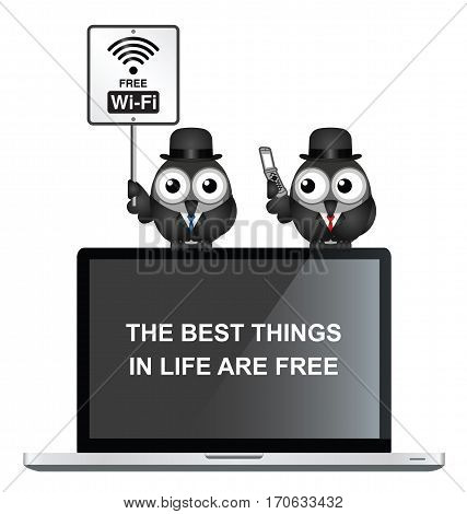 Comical free WIFI sign with businessman accessing the internet via his mobile telephone 
perched on a laptop