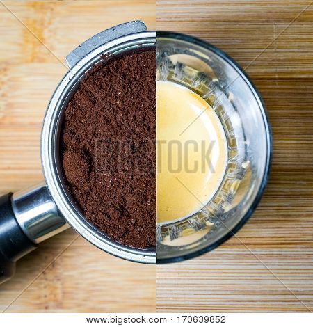 Split image of group head with coffee and espresso in glass on bamboo timber background