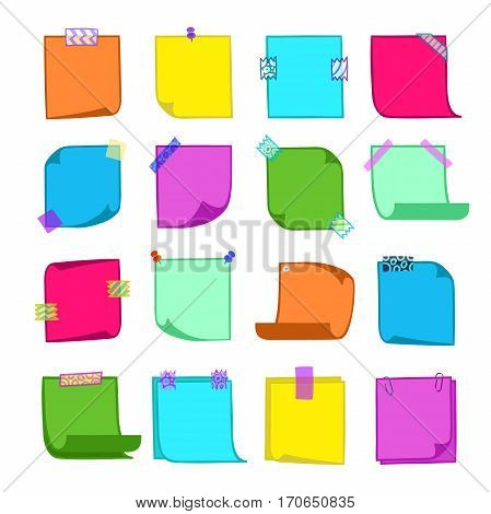 Hand-drawn set of note papers with washi tape in cartoon style, memo with curled corners, colorful decorative paper tape, pin, isolated note paper on white background, EPS 8