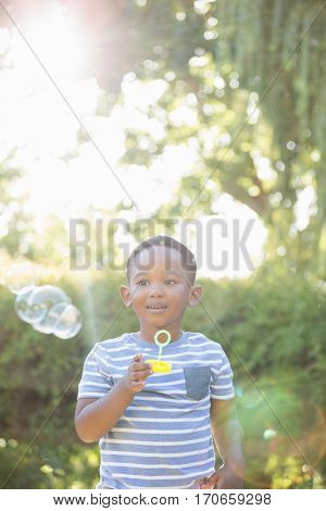 Portrait of child making bubble with bubble wand in a park
