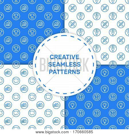 Vector illustration of set seamless pattern with blue icons in flat line style. Linear brain and bulb, cup and churt, pen and ruler, big and money. Outline isolated object.