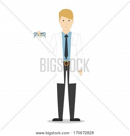 Isolated optometrist doctor on white background. Man in white uniform. Checking eye sight.