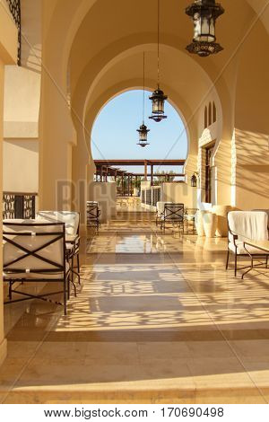 EGYPT, SHARM EL SHEIKH - JULY 19, 2015: Buildings and Area Hotel Jaz Belvedere in Sharm El Sheikh, Popular Center of a Beach Holiday and Diving, Red Sea, Summer, Egypt