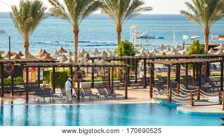 EGYPT, SHARM EL SHEIKH - JULY 19, 2015: Buildings and Area Hotel Jaz Belvedere in Sharm El Sheikh, Popular Center of a Beach Holiday and Diving, Red Sea, Summer, Egypt