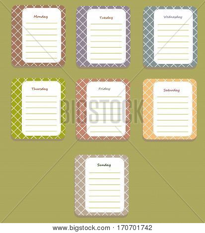 The sheets of the planner for weekly planning in a pretty box with the names of the days of the week. Diary.Vector illustration.