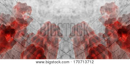 Artistic blood tortured hand grasping desperately barbed wire