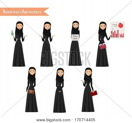 Emotion faces. Arab Girl character for scenes. Funny Arab office woman cartoon.Vector illustration isolated on white background. Business Elements for web design