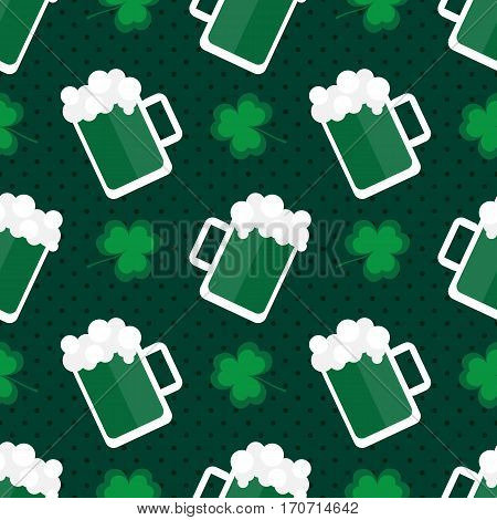 St.Patrick's Day national Ireland holiday seamless pattern background with beer and clover, shamrock leaves.