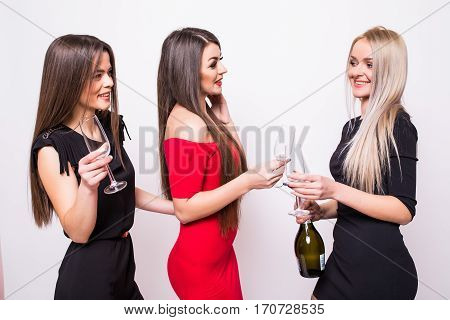 Three Women Im Night Dresses Celebrating And Open Champagne On The Party