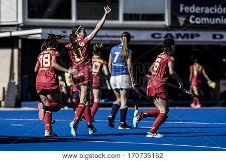VALENCIA, SPAIN - FEBRUARY 5: Salvatella celebrates a goal during Hockey World League Round 2 match between Spain and Czech Republic at Betero Stadium on February 5, 2017 in Valencia, Spain