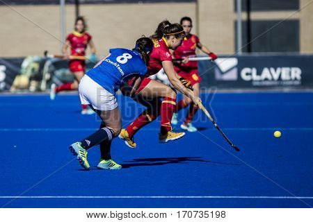 VALENCIA, SPAIN - FEBRUARY 5: (8) Dukatova and Iglesias during Hockey World League Round 2 match between Spain and Czech Republic at Betero Stadium on February 5, 2017 in Valencia, Spain