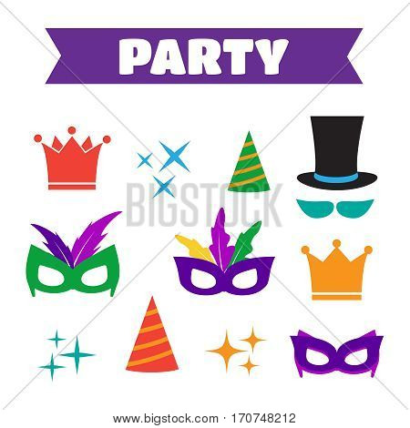 Party Birthday photo booth props. Hat and mask costume and cylinder bunny ears nose moustache. Birthday vector