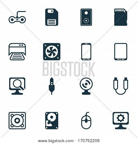 Set Of 16 Computer Hardware Icons. Includes Hdd, Aux Cord, Cellphone And Other Symbols. Beautiful Design Elements.