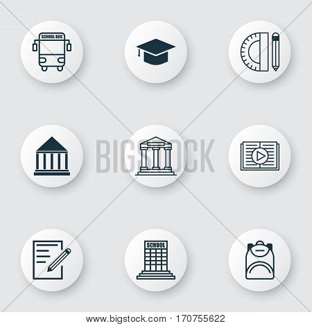 Set Of 9 Education Icons. Includes Taped Book, Haversack, Education Center And Other Symbols. Beautiful Design Elements.