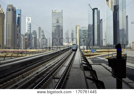 Dubai, United Arab Emirates - February 11, 2017, The Dubai Metro is a driverless, fully automated metro rail network in Dubai, United Arab Emirates