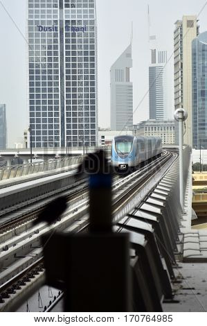 Dubai, United Arab Emirates - February 11, 2017, The Dubai Metro is a driverless, fully automated metro rail network in Dubai, United Arab Emirates