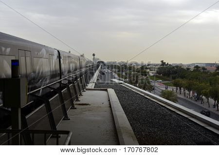 Dubai, United Arab Emirates - February 19, 2017, The Dubai Metro is a driverless, fully automated metro rail network in Dubai, United Arab Emirates